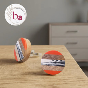 <b>Beads</b> Art Modern Round Wood Cabinet Knobs Orange Stripe Design Easy Installation for Home & Office Furniture - Product Image 1