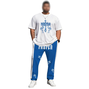 Conjunto casual de camiseta de manga corta con cuello redondo y pantalones estampados para hombre de talla grande, conjunto de verano para viaje. - Product Image 1