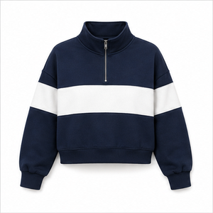 Sudadera Corta Clásica para Mujer, Color Azul Medianoche, Personalizable, con Cierre de Media Cremallera, Dobladillo de Canalé Suave, Mezcla de Algodón - Product Image 1