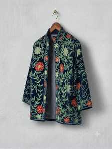 Chaqueta Acolchada CHOHAN TEXTILE Azul Marino de Terciopelo con Cuello Mao, Ecológica, 100% Algodón, Bordado Floral, Manga Tres Cuartos - Product Image 6