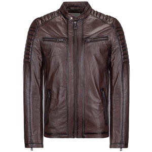 Men's Burgundy PU Leather Moto Jacket Stand Collar Zipper Closure Slim Fit Autumn Wear - Product Image 2