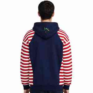 Sweat à capuche unisexe NEXTEX à manches rayées, bleu marine et rouge, en molleton de coton doux, chaud et décontracté - Product Image 3