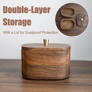 Acacia Wood Eco-Friendly Modern Multifunction Bathroom <b>Storage</b> Jars Double-Layer Canisters for Cotton for Floss Picks Home - Product Image 5