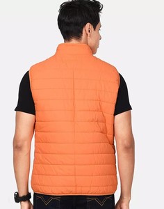 Men's Orange <b>Quilted</b> Puffer Vest Solid Color Windproof Polyester <b>Wadding</b> Stand Collar Zipper Closure Casual Autumn Wear - Product Image 5