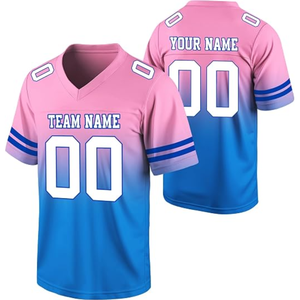 Maillot de football américain personnalisé pour adultes unisexe, blanc et bleu, col en V, manches courtes, impression sublimée, évacuation de l'humidité, 100% coton - Product Image 2