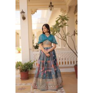Seda rusa rica impresa digital con trabajo de bordado de lámina Lehenga Choli KA-5032 - Product Image 2