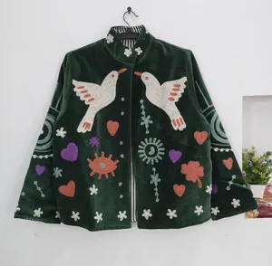 Chaqueta Bordada de Terciopelo Verde Oscuro Hecha a Mano para Mujer, Estilo Boho Chic, Cárdigan Abierto por Delante, Abrigo Kimono Cálido para Invierno - Product Image 3