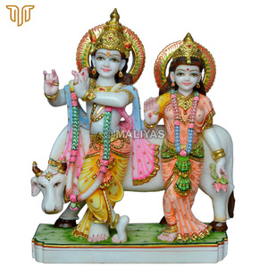 Marble Radha Krishna with Cow Statue | Handmade Through-Carved Religious Hinduism Murti | MALIYAS Home Decoration - Product Image 2