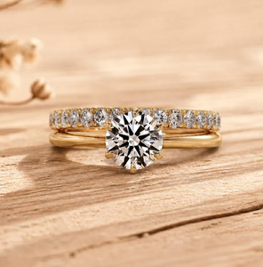 Half Eternity IGI Certified 10K 14K 18K Solid Gold Round Lab Grown Diamond Prong Solitaire Ring Double Band <b>Wedding</b> Bridal Band - Product Image 1