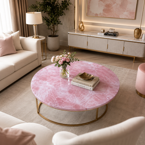 Table basse Art Déco de luxe en quartz rose, agate rose, cristal naturel, écologique, plateau en pierre personnalisé Diwali - Product Image 1