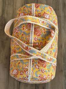 Floral Printed Handmade Quilted <b>Boho</b> <b>Style</b> 100% Cotton Rope Handle Travel Bag-Shoulder Striped Duffel Luggage for Women - Product Image 4
