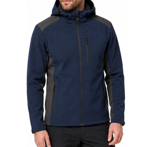 Wholesale Navy Blue Grey Contrast <b>Men</b> Softshell <b>Jacket</b> Hooded Two Tone Design Waterproof Outdoor Windbreaker Zipper Chest Pocket - Product Image 2