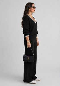 Ensemble de survêtement en tricot noir pour femmes, col en V, haut à manches longues, pantalon large, tenue décontractée - Product Image 3