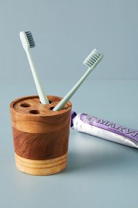 Solid Wood Toothbrush Holder For <b>Bathroom</b> Countertop Storage With Multiple Slots And Water <b>Drain</b> Design - Product Image 4