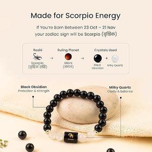 Pulsera de Cristal del Zodiaco Escorpio de Primera Calidad con Cuentas de Obsidiana Negra, Etiqueta de Cobre con Patrón de Escorpión y Símbolo Sánscrito Grabado - Product Image 5