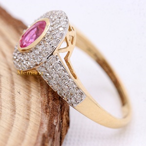 Bague halo en or massif 14 carats avec saphir rose ovale naturel |   Bijoux fins sertis de diamants, cadeau pour femmes - Product Image 2