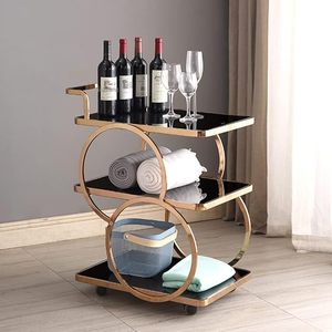 Chariot de bar à 3 niveaux en verre noir avec finition dorée, chariot à boissons roulant, mobilier de bar de luxe pour la maison, chariot de service de boissons contemporain - Product Image 1