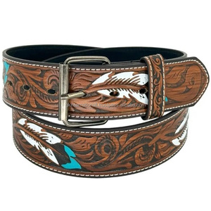 Cinturón de herramientas manuales de cuero occidental con pluma turquesa y diseño floral Cinturón de cuero tallado grabado para vaquera - Product Image 5