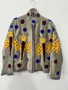 Luxury Boho <b>Velvet</b> Cotton Breathable <b>Jacket</b> for <b>Women</b> with Butterfly Embroidery Floral Pattern Stand Collar Full Sleeves Winter - Product Image 1