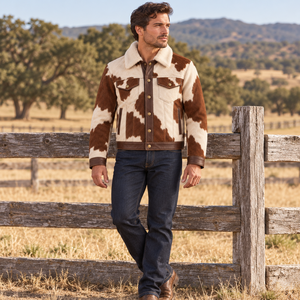 Custom Mens Pearl <b>Cream</b> Cocoa Brown <b>Hair</b> On Cowhide Western Jacket <b>Straight</b> Yoke Cowboy Ranch Coat OEM Wholesale Supplier Winter - Product Image 5