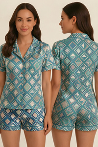 Ensemble de pyjama à manches courtes pour femmes, imprimé géométrique, avec col rabattu, fermeture à boutons, vêtements de nuit d'été - Product Image 1