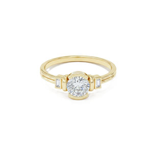 Bague de fiançailles en or massif 18 carats avec moissanite, sertie demi-cerclée, solitaire, diamant de laboratoire rond et baguette, trois pierres, style minimaliste, pour mariée - Product Image 1