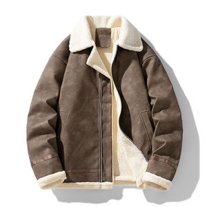 Men Winter <b>Bomber</b> <b>Jacket</b> <b>Suede</b> Outerwear Sherpa Lined Zipper Closure Casual Thick Windproof Coat Regular Fit - Product Image 5