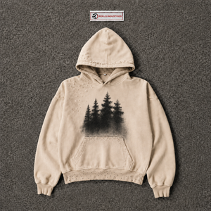 Sudadera con Capucha Beige Extra Grande Personalizada con Gráfico de Árbol del Bosque Negro, Estilo Vintage Desgastado, Sudadera Informal para Hombre y Mujer - Product Image 5