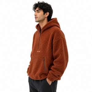 Sweat à capuche mi-zippé en polaire sherpa marron rouille pour homme, épais, pour l'hiver, fabricant OEM sous marque privée - Product Image 2