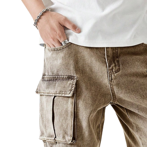 Pantalones Cargo de Mezclilla Marrón Vintage para Hombre, Corte Relajado, Multibolsillos, Estilo Urbano, Pierna Recta, Jeans Utilitarios, Ropa Casual para el Día a Día - Product Image 3