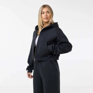 Conjunto Deportivo de Invierno para Mujer, 100% Algodón, con Capucha, Color Negro, Estampado Acid Wash, Cierre Completo con Cremallera, Corte Holgado, Estilo Casual - Product Image 6