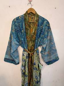 Lightweight Saree Silk V-neck Drawstring <b>Kimono</b> Robe Full-Length Dressing Gown with Patchwork Soft & Breathable Women's Wear - Product Image 4