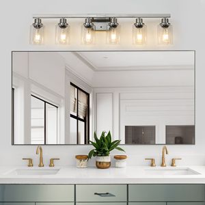 Lampadario Moderno da Bagno da 37 Pollici, 6 Luci, Finitura Nichel Spazzolato con Paralumi in Vetro Trasparente - Product Image 4