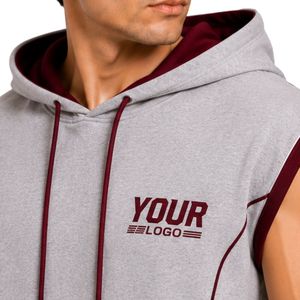 Conjunto Deportivo para Hombre, Gris Claro y Borgoña, Sin Mangas, con Capucha, Logotipo Personalizado, para Gimnasio, Fitness, Entrenamiento, Sudadera con Capucha y Pantalones Cortos, Ropa Deportiva - Product Image 3