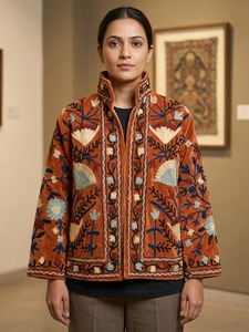 <b>Womens</b> Rust Orange Embroidered <b>Velvet</b> <b>Jacket</b> with Botanical Floral Design Stand Collar - Product Image 3