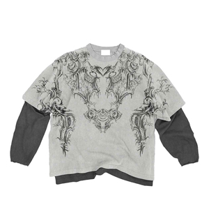 เสื้อยืดคุณภาพสูงสองชั้น สไตล์สตรีทแวร์ ลายพิมพ์กราฟิกเปลวไฟทั้งตัว แขนเสื้อแบบดิสเทรส สไตล์ Y2K เสื้อยืดแขนยาวสองชั้น - Product Image 1