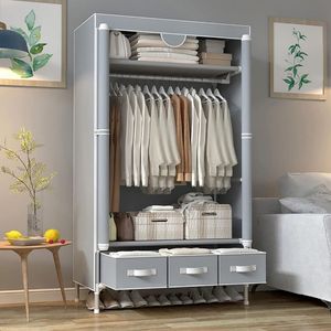 Portable Three-<b>Drawer</b> <b>Boxes</b> <b>Storage</b> Organizer Non-Woven Fabric Closet Rolling Door Hanging Rack Wardrobe-Made Durable Plastic - Product Image 6