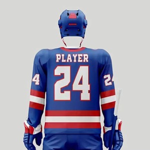 Ensemble d'uniformes de hockey sur glace personnalisés, bleu royal, rouge, blanc, design à rayures classiques, maillot imprimé par sublimation, shorts, chaussettes, gants, casque - Product Image 3
