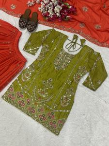 Chinnon Silk A Line <b>Kurta</b> Palazzo Set 5mm Sequins Embroidery Lace Border Dupatta Festive Wear <b>Womens</b> Stitched Suit MW5049 DC - Product Image 1
