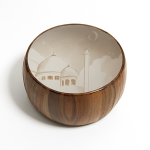 Bol en bois émaillé de qualité supérieure avec motif de mosquée et de croissant, bol décoratif islamique fait à la main, cadeau de table pour l'Aïd et le Ramadan - Product Image 1