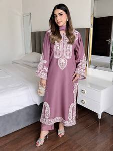 Women's Purple Embroidered Kurta Set With <b>White</b> <b>Lace</b> Loose Fit Ankle-Length Traditional Indian Pakistani Wear All Seasons - Product Image 1