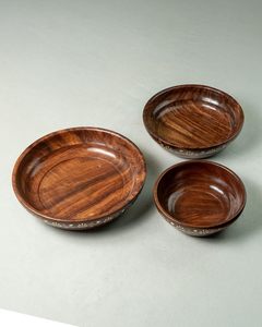 Ensemble de 3 bols de service en bois faits à la main avec incrustations florales, bols rustiques en bois pour salade, fruits et en-cas, pour la table et la maison - Product Image 6