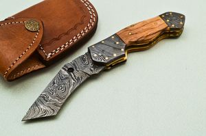 Navaja Plegable Hecha a Mano de Acero de Damasco con Mango de Madera de Olivo, Cuchillo Táctico para Camping y Caza, Dureza 58HRC, Garantía de 3 Años - Product Image 2