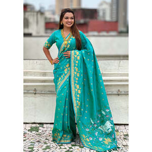 Sari en soie Pichwai tissé Zari bleu aqua Elite Weaves, élégant pour les soirées cocktails - Product Image 2