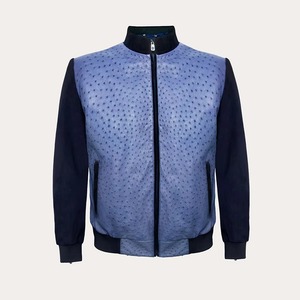 Men's Blue Ostrich Embossed Genuine Cowhide Leather <b>Jacket</b> Premium Quality with Black <b>Suede</b> Leather Arms and Back Winter wear - Product Image 1