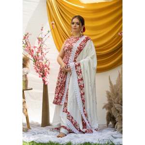 Conjunto de Traje de Algodón y Chifón Transpirable con Estampado Floral Rojo Primavera para Mujer - Talla XS - Product Image 4