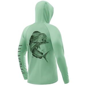 เสื้อฮู้ดดี้ตกปลาแขนยาวสีเขียวมิ้นท์สำหรับผู้ชาย พิมพ์ลายปลาโดราโด ป้องกันรังสียูวี UPF 50 เสื้อพูลโอเวอร์ประสิทธิภาพสูง - Product Image 6