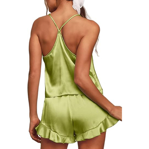 Best Seller Satin Sleep Romper Set V-Neck Sleeveless Solid Color Shorts Summer Sexy Nightwear Smooth Elastic Waist <b>Green</b> - Product Image 2