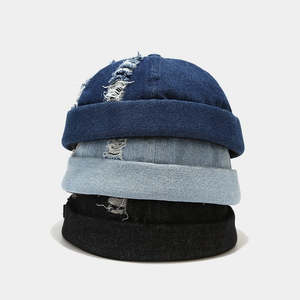 Custom Ripped Distressed Denim Docker <b>Cap</b> <b>Brimless</b> Rolled Cuff Beanie Hat 100% Cotton Adjustable Outdoor OEM Wholesale Unisex - Product Image 2