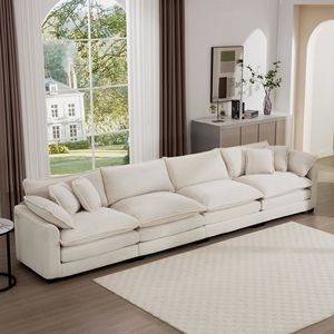 Divano Moderno a 4 Posti in Tessuto Imbottito, Corduroy Beige Chiaro con Comodi Cuscini per Schienale e Seduta, per Soggiorno - Product Image 1